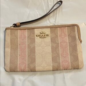 Coach Carriage logo Beige and Pink Striped Wristlet